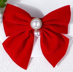 批发新款红色天鹅绒长蝴蝶结发夹长蝴蝶结珍珠韩国风格女式发饰 - Product Image 4