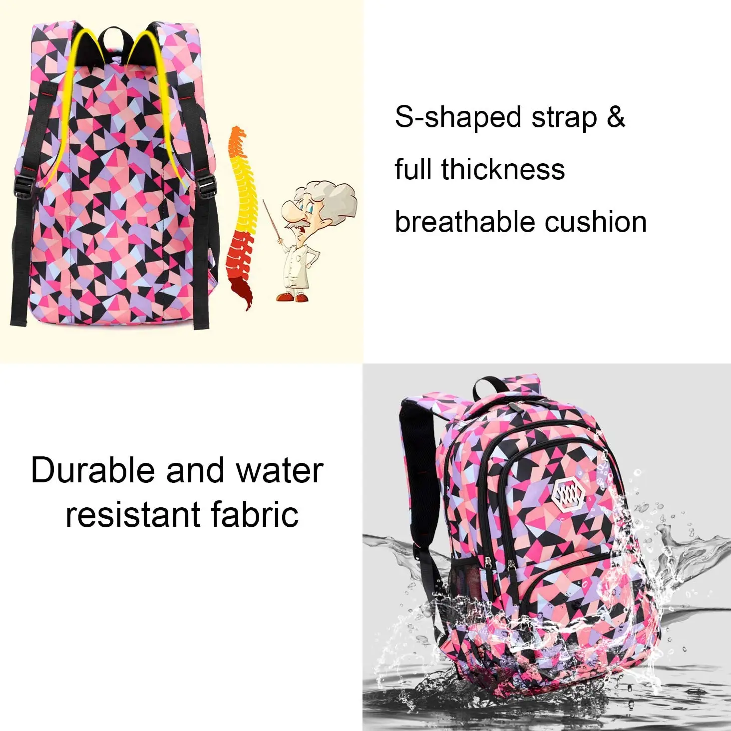Custom Polyester Geometric Printed Primary Junior High University School Bag Book Bag Backpack For Girls Boys Travel Hiking