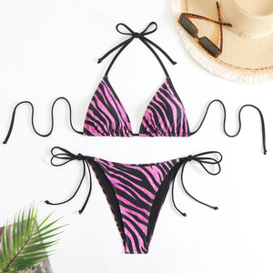 Women's Animal Print Halter <b>Bikini</b> <b>Set</b> <b>Sexy</b> Backless Tie-Side Thong 2-Piece Swimsuit with Front Logo for Beach Vacation - Product Image 2