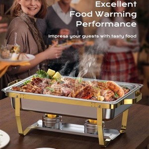 Stainless Steel Buffet Chafing Dish Double Grid <b>Gold</b> <b>Frame</b> Rectangular Warming Tray For Self-Service Catering - Product Image 2