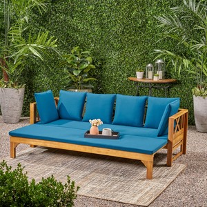 Outdoor Extendable Acacia Wood 3-Seater <b>Sofa</b> Convertible Patio Daybed Beige Cushions Modern Teak Finish Lounge Apartment Hotel - Product Image 2