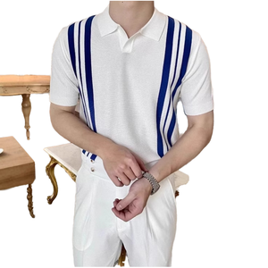 เสื้อเชิ้ตผู้ชายแขนสั้นลายทางตัดสี ผ้าไหมน้ำแข็งถัก ระบายอากาศดี ทรงเข้ารูป สไตล์ลำลอง สำหรับฤดูร้อน ไซส์เอเชีย - Product Image 3