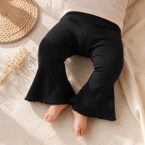 Premium black <b>leggings</b> with breathable rib texture cozy softness and elegant <b>flare</b> design for stylish little baby everyday wear - Product Image 4