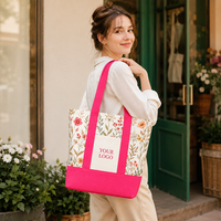 Bolsa de Lona Floral al por Mayor, Juego de Bolsas Cosméticas Personalizadas con Logotipo, Ribete Rosa, con Refuerzo, Reutilizables, para Playa, Compras, Kit de Regalo