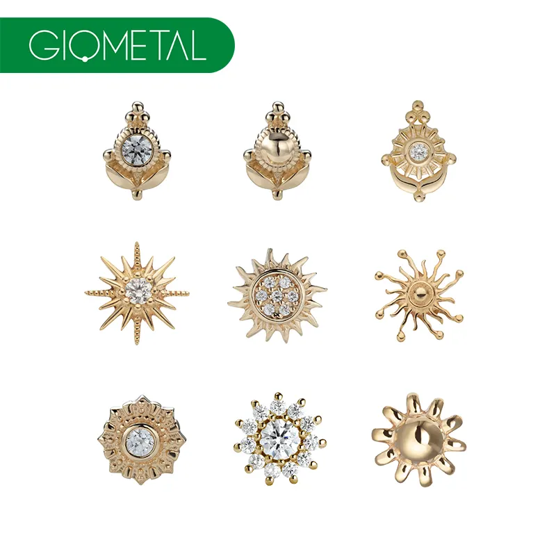 Giometal 14K katı altın Piercing Gemmed güneş dişli Piercing üst biter Labret sarmal Tragus göbek takısı toptan