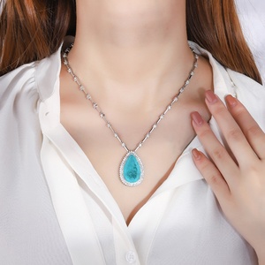 High Quality Eco-friendly <b>Copper</b> Shiny Wedding Jewelry 15*25mm Paraiba Blue Zircon Water Drop Bridal Trendy Gem Pendant Necklace - Product Image 5