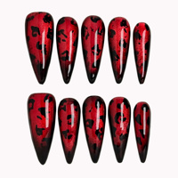 Ongles en acrylique à presser Dark Vibe, rouge, noir, pailleté, motif léopard, French manucure, longs, dégradé, forme amande, certifiés CE/MSDS, vente en gros