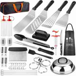 Kit de Accesorios para Plancha, 38 Piezas, Acero Inoxidable, Resistentes al Calor, Mango Largo, Antiadherentes, Juego de Palitos para Parrilla de Gas - Product Image 1