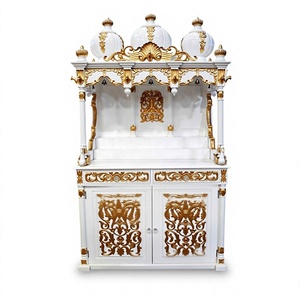 Mandir de Madera Dorado de Diseño Tradicional, Unidad de Pooja de Madera Tallada en Estilo Mehraab para el Hogar - Product Image 6