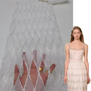 Elegant White Bride Dress Sequin Embroidery Chiffon Cut Flower Hollow Rhombus Design Lace Milan Fashion Wedding Dress Fabric