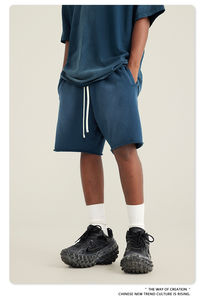 <b>Men's</b> Retro High Street Sports <b>Shorts</b> High Quality Summer Heavy Washed Terry Worsted Fabric Vintage Loose Fit Solid <b>Pattern</b> - Product Image 2