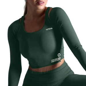 Conjunto Deportivo de 2 Piezas Verde Militar para Mujer Vetega, Top Corto de Punto Acanalado con Cuello Redondo y Leggings a Juego - Product Image 1