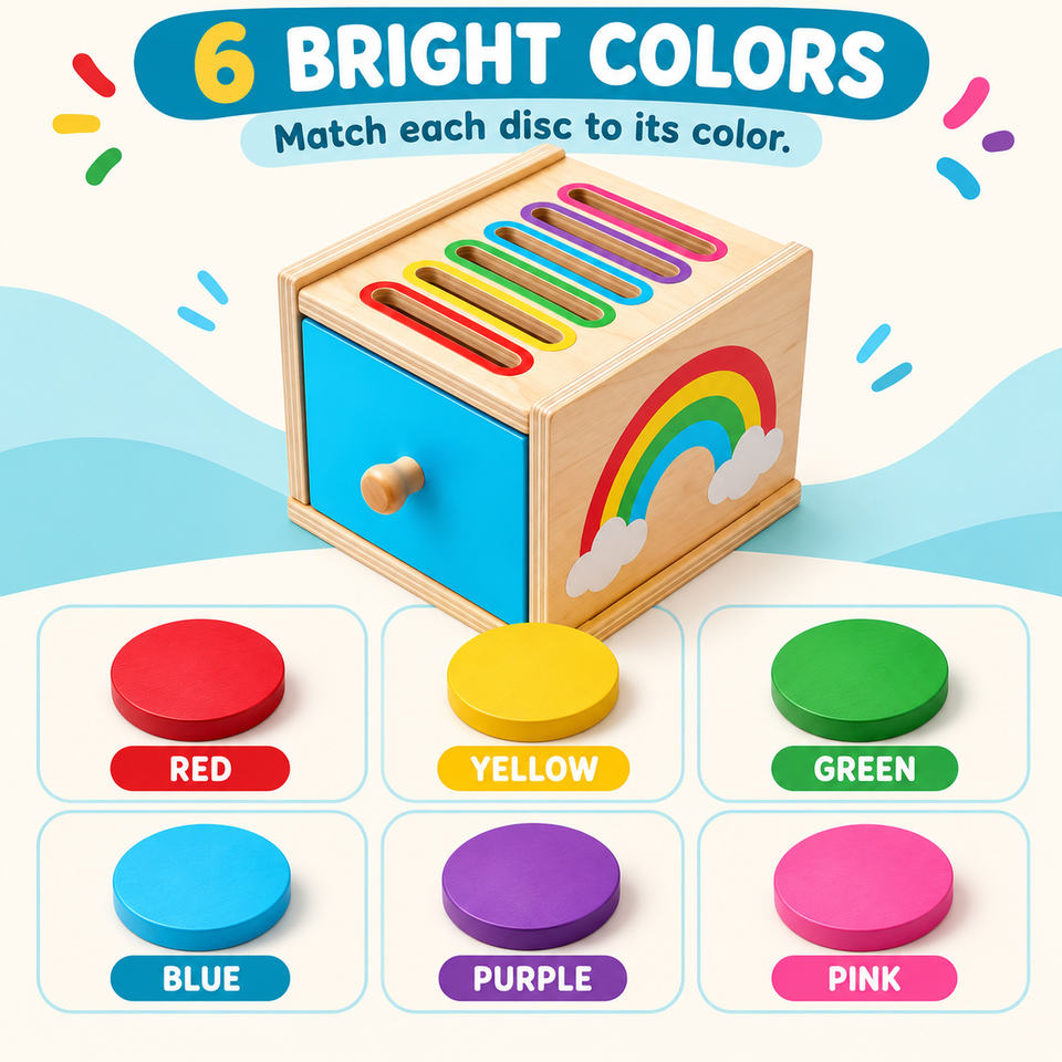 Wooden Coin Drop Toy, Color Sorting Box with Pull-Out Drawer, 12 Discs ...