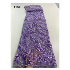 Vente en gros, tissu de paillettes indiennes lilas élégantes pour robe de soirée de femmes, robe de mariée brillante, argent pailleté, Tulle dentelle