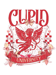 T-shirt da donna taglie forti Cupid University a maniche corte girocollo rosso e nero con grafica di San Valentino, abbigliamento casual primaverile - Product Image 1