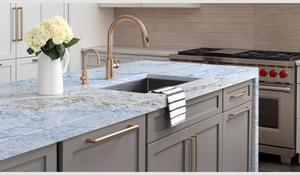 เคาน์เตอร์ควอทซ์ TMZ Stone ODM OEM quartzo Blue and Gary vein QUARTZ 6030 lazada calacatta quartzo สำหรับเคาน์เตอร์