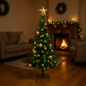 Árbol de Navidad Artificial Preiluminado de 59.06 Pulgadas en Verde, Construcción de PVC y Metal, con Luces LED Blancas Cálidas, Árbol de Interior con Adornos - Product Image 2