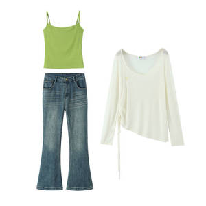 Conjunto Runqi para Mujer Talla Grande: Camisola Verde, Blusa Blanca, Pantalones Vaqueros Azules Retro con Cordón y Tejido de Color Sólido - Product Image 1