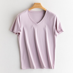 T-shirt personnalisé en coton mercerisé à col rond, imprimé sérigraphié, manches courtes, en soie de mûrier douce, col en V, basique pour femme - Product Image 2