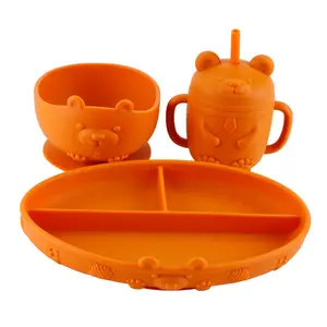BPA Free Food Grade Silicone Soft Baby Drinking Water Cup Suction Plate Lovely Suction Bowl Feeding Set