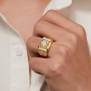 Men's 22K <b>Gold</b> Plated Moissanite <b>Cocktail</b> <b>Ring</b> Round Brilliant Cut Geometric Design Pave Setting Luxury Style - Product Image 3
