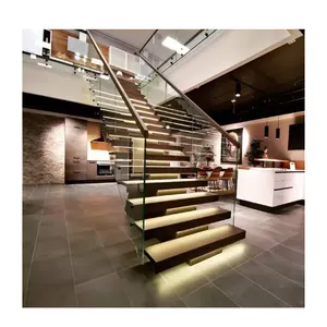 Moderne Stahlstrahler simple Innenausfallstresen aus Stahl Mono-Stringer gerader Treppendesign moderne Edelstahl-Holztreppen