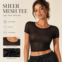 Atasan Wanita Lengan Pendek Bahan Mesh Transparan Kerah Bulat Slim Fit Model Crop Bernapas Seksi untuk Musim Panas, Kaos Dasar untuk Layering
