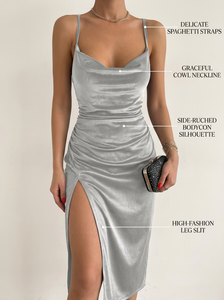 Abito Elegante Sexy Casual con Scollo a Cappuccio in Raso Argento, Spalline Sottili e Spacco Alto, Vestito Aderente per Cocktail Party e Cerimonie - Product Image 2
