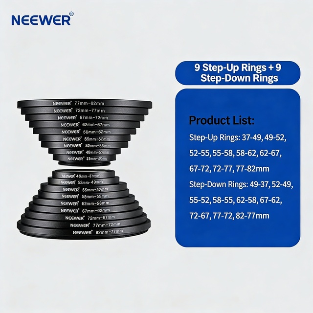 18pcs NEEWER 37-82mm Step-Up/Step-Down Smooth Thread Aluminum Camera Lens Filter Adapter Rings for UV/ND/Polarizer Photography