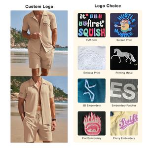 High Quality Cotton Spandex Elastic Anti-Wrinkle <b>Cuban</b> Collar <b>Shirt</b> Elastic Waist Running Shorts Set <b>Men's</b> Shorts and <b>Shirt</b> Set - Product Image 3