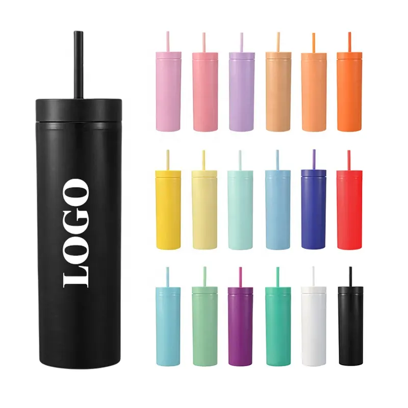 Custom Logo 16oz Colored Acrylic Skinny Tumblers Gift Pastel Reusable Double Walled Matte Plastic Tumbler with Lids and Straws