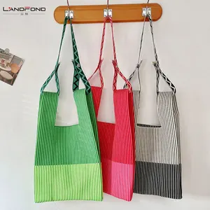Landfond accessorio riutilizzabile Casual fatto a mano a righe Plaid Tote Bag Design a righe Plaid borsa Tote Bag lavorata a maglia