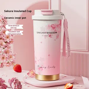 Tasse <span class=keywords><strong>thermos</strong></span> rose sous vide pour femme fleur de cerisier 316 acier inoxydable Double paroi conception montée sur voiture 500ml 6-12 heures paille thermique - Product Image 1