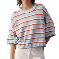 Pull court en coton rayé tricoté à manches courtes pour femme, style preppy rétro, avec ourlet roulé, vente en gros sur mesure