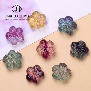 JD Wholesale Colorful Crystal Natural Fluorite Stone Carved Flower Shape Bead With Hole For Jewelry Making
