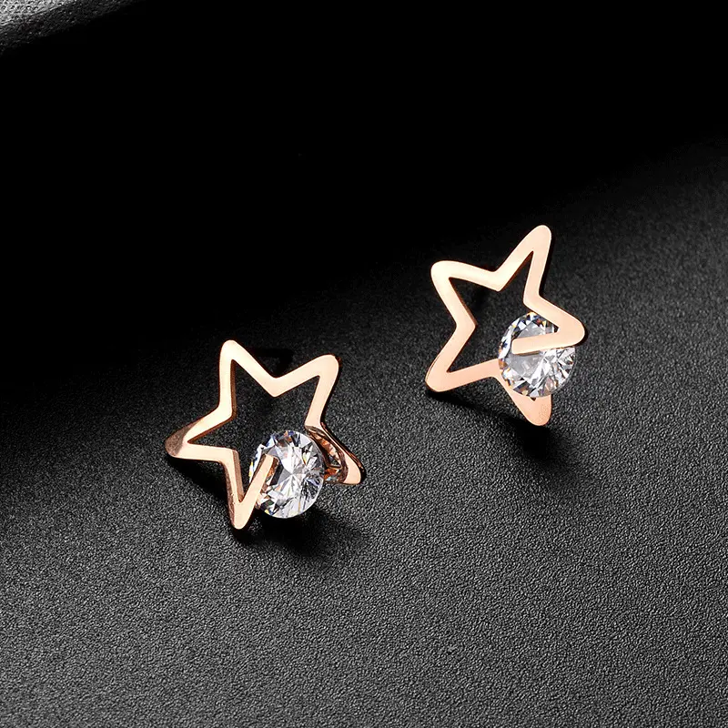 Star with Rhinestone Stainless Steel 18k Gold Plated Fine Piercing Jewelry Diamond Hoops Earrings