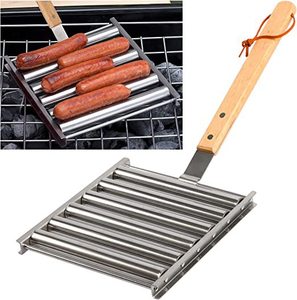 Stainless Steel Hot Dog Sausage Roller Rack Steamer with Long Wood Handle Eco-Friendly Portable 5 Section Brat <strong>Griller</strong> BBQ <strong>Tool</strong> - Product Image 1