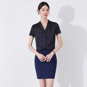 White Chiffon Short Sleeve Blouse For Women Solid Color V Neck Button Front Workwear Professional Shirt Summer 2024 - Product Image 2