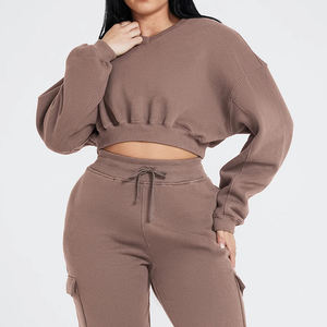 Custom <strong>Women</strong> V Neck Cropped Sweatshirt Cargo Sweatpants 2 Piece <strong>Set</strong> Ribbed Hem Cotton Blend Athletic Lounge Workout Track Suits - Product Image 1