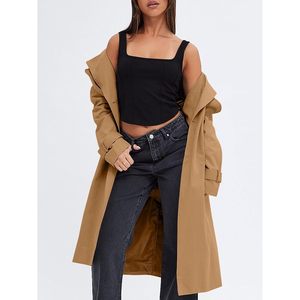 Women's Double Breasted Trench Coat Long Lapel <b>Pocketed</b> Windproof Overcoat With <b>Belt</b> Casual Autumn Wear - Product Image 2