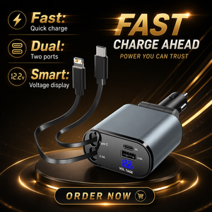 <span class=keywords><strong>Chargeur</strong></span> de station de téléphone de <span class=keywords><strong>voiture</strong></span> rétractable à charge rapide 120W <span class=keywords><strong>4</strong></span> en 1 Affichage numérique LED 2 câbles USB C 8 broches Adaptateur rapide PD - Product Image 1