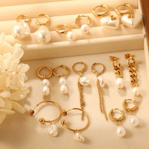 Joyería de Moda al por Mayor, Aros de Acero Inoxidable Chapados en Oro de 18k, Pendientes de Perlas para Mujer, Pendientes Largos con Perlas - Product Image 6