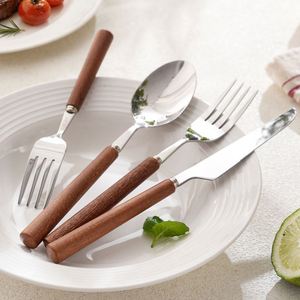 Wooden Handle Cutlery Set Silverware Knife Spoon Fork Dessert Spoon Tea Spoon Stainless Steel Bottle Opener <b>Flatware</b> Set - Product Image 2