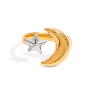 Star And Moon Motif <b>Ring</b> Gold And <b>Silver</b> Two Tone Adjustable Unisex Jewelry - Product Image 1