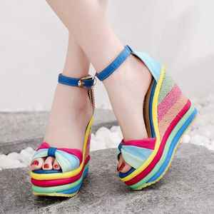 Gâteau éponge couleur assortie chaussures pour femmes sandales compensées en paille été nouveau talon Super haut bouche de poisson couleur romaine petite <span class=keywords><strong>taille</strong></span> - Product Image 2