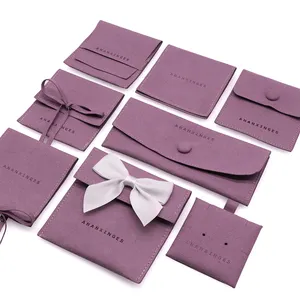 Custom Jewelry Packing Bow Gift Envelope Small Pochette Bijoux Button Bag Satin Pouch Microfiber Jewelry Pouch With Logo