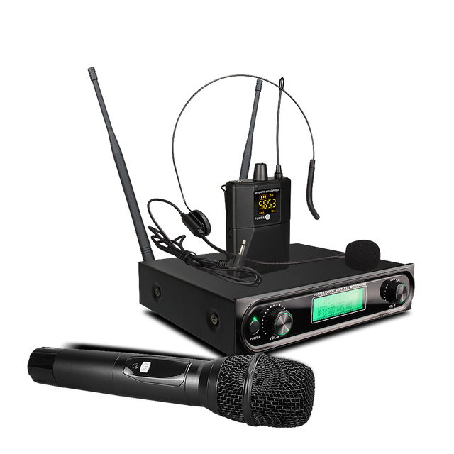 New Technology Cordless UHF 600-699MHz 30M-80M Desktop & Handheld Microphone 2 Mic Set for Church Singing Meeting Conference Use