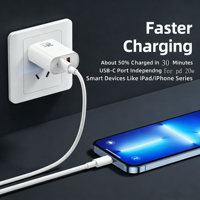 Chargeur rapide GaN 20W, adaptateur mural USB C, charge rapide PD, chargeur pour téléphone et tablette