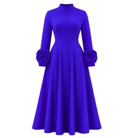 D645 Robes d'église tendance pour femmes, décontractées et élégantes, col rond, fleurs 3D, manches longues, robes de soirée coupe trapèze, robe africaine pour femmes