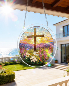 Attrape-soleil en vitrail floral en forme de croix, personnalisable en gros, cadeau de Pâques, directement de l'usine, décoration religieuse pour intérieur, chapelle et maison - Product Image 3